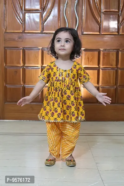 Superminis Baby Girls Jaipuri Print Frock Style Kurti With Frill Sleeves And Dhoti Style Salwar With Elastic Closure Ethnic Dress (Yellow, 5-6 Years)-thumb3