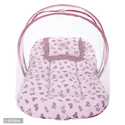 Superminis Cotton Baby Bedding Set with Pillow and Mosquito Net - Foldable Mattress, Printed, Double Side Zip Closure for New Born (6-12 Months, Baby Pink)