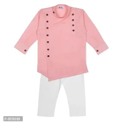 "Superminis Boys Cotton Side Button Open Kurta with Elastic Pyjama Set - Mandrin Collar, Multi Slit, Asymmetric Hem, Full Sleeves, Side Button Embellish (6-12 Months, Pink)"-thumb2