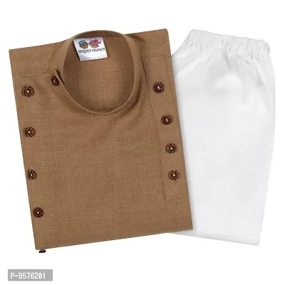 Superminis Boys Cotton Side Button Open Kurta with Elastic Pyjama Set - Mandrin Collar, Multi Slit, Asymmetric Hem, Full Sleeves, Side Button Embellish (12-18 Months, Cream)
