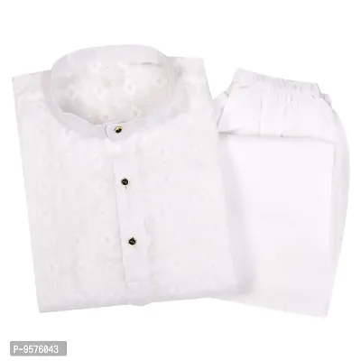 "superminis Baby Boys Ethnic Wear Chikan Cotton Kurta Pyjama Set with Wooden Button (White, 9-10 Years)"