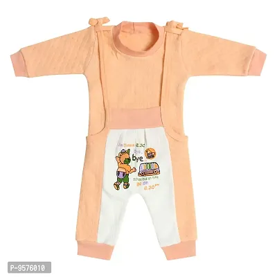"Superminis Baby Boys and Baby Girls Winter Wear Printed Dungree with Round Neck T Shirt (Peach, 0-6 Months)"