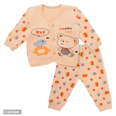 "Superminis Baby Boys and Baby Girls Fine Quality Front Open Winter Wear Printed Top and Pyjama with Rib, Pack of 1 Set (0-3 Months, Peach)"