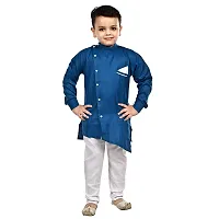 "Superminis Boys Cotton Side Button Open Kurta with Pocket Square Style and Elastic Pyjama Set - Mandrin Collar, Side Slits, Criss Cross Bottom Shaped, Full Sleeves (6-12 Months, Blue)"-thumb1