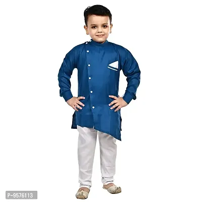 "Superminis Boys Cotton Side Button Open Kurta with Pocket Square Style and Elastic Pyjama Set - Mandrin Collar, Side Slits, Criss Cross Bottom Shaped, Full Sleeves (6-12 Months, Blue)"-thumb2