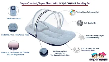 "Superminis Cotton Baby Bedding Set with Pillow and Mosquito Net - Foldable Mattress, Printed, Double Side Zip Closure for New Born (Sky Blue, 0-3 Months)"-thumb1