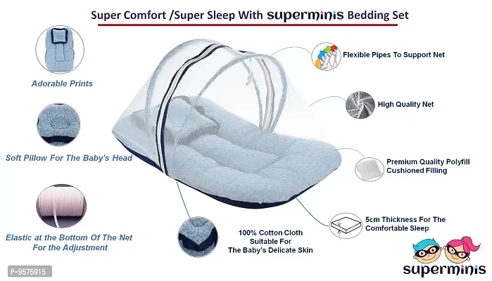 "Superminis Cotton Baby Bedding Set with Pillow and Mosquito Net - Foldable Mattress, Printed, Double Side Zip Closure for New Born (Sky Blue, 0-3 Months)"-thumb2
