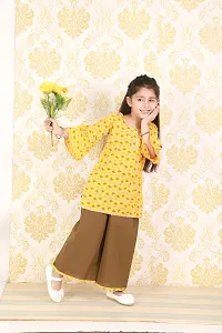 "Superminis Baby Girls Jaipuri Print Kurti Style Kurti with Frill Sleeves and Palazzo with Elastic Closure Ethnic Dress (Yellow, 18-24 Months)"-thumb1