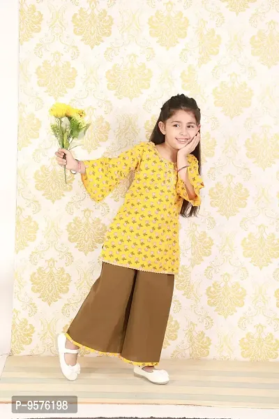 "Superminis Baby Girls Jaipuri Print Kurti Style Kurti with Frill Sleeves and Palazzo with Elastic Closure Ethnic Dress (Yellow, 18-24 Months)"-thumb2