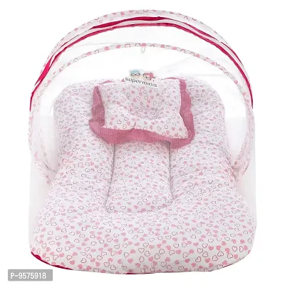 "Superminis Cotton Baby Bedding Set with Pillow and Mosquito Net - Foldable Mattress, Printed, Double Side Zip Closure for New Born (Pink, 0-3 Months)"-thumb2