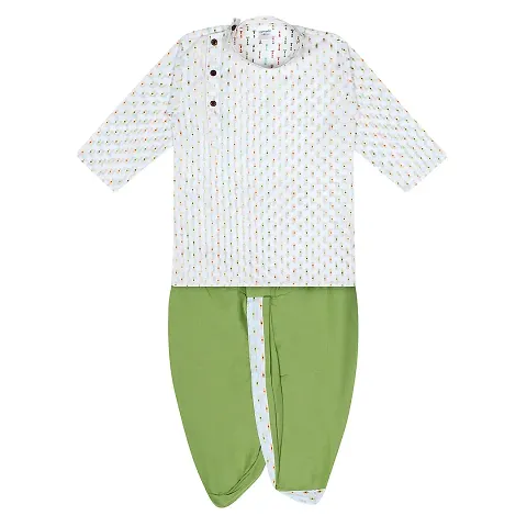 "superminis Boy's Kurta with Dhoti - Thread Work, Round Collar, Full Sleeves, Side Button Kurta Set for Ethnic Wear (White+Green, 3-6 Months)"