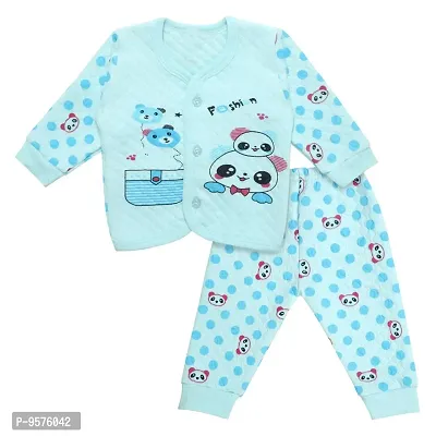 Superminis Baby Boys and Baby Girls Fine Quality Front Open Winter Wear Printed Top and Pyjama with Rib, Pack of 1 Set (6-12 Months, Sky Blue)