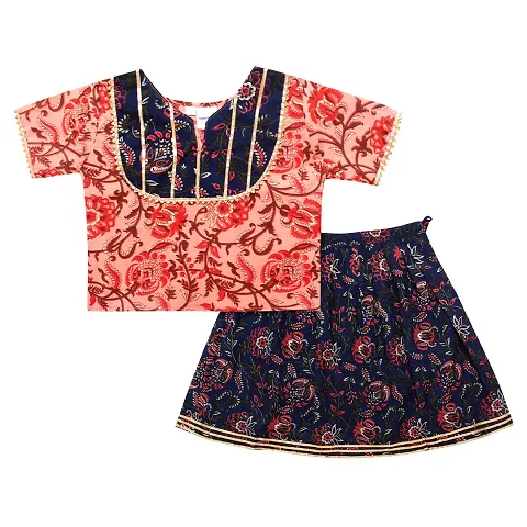 "Superminis Baby Girls Jaipuri Print Gota Patti Top/Kurti And Contrast Color Lehnga/Skirt With Dori Closure (Pink & Blue, 5-6 Years)"