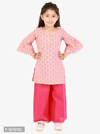 "Superminis Baby Girls Jaipuri Print Kurti Style Kurti with Frill Sleeves and Palazzo with Elastic Closure Ethnic Dress (Pink, 2-3 Years)"-thumb2