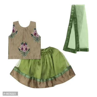 "Superminis Baby Girls 3 Layered Net Lehnga and Embroidered Top Dress with Coloured Dupatta (Lime Green, 4-5 Years)"