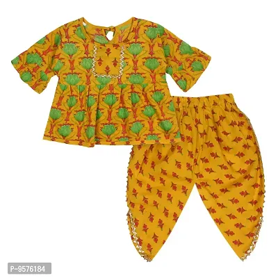 "Superminis Baby Girls Jaipuri Lotus Print Kurti Style Kurti with Frill Sleeves and Dhoti Style Salwar with Elastic Closure Ethnic Dress (Yellow, 5-6 Years)"-thumb0