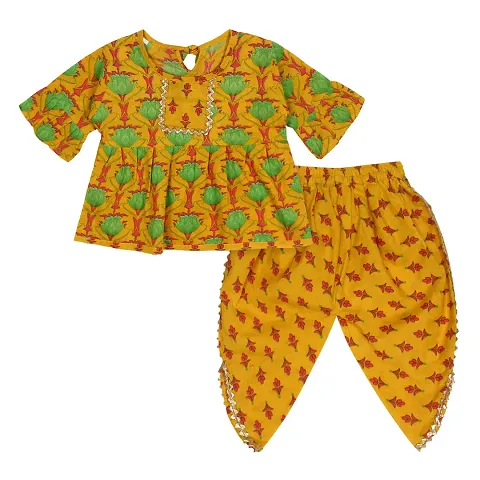 "Superminis Baby Girls Jaipuri Lotus Print Kurti Style Kurti with Frill Sleeves and Dhoti Style Salwar with Elastic Closure Ethnic Dress (Yellow, 5-6 Years)"