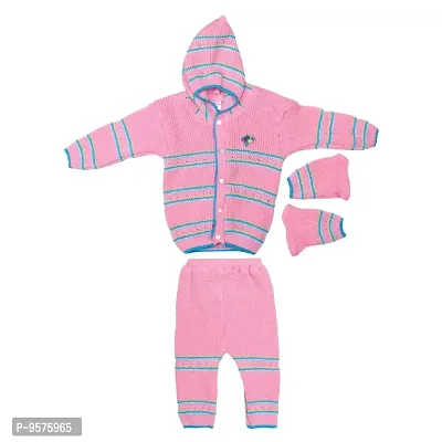 Superminis Unisex Woolen Knitted Hooded Sweater with Pyjama and Booties Set (6-12 Months, Pink)-thumb0