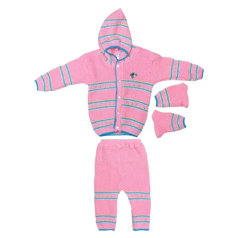 Superminis Unisex Woolen Knitted Hooded Sweater with Pyjama and Booties Set