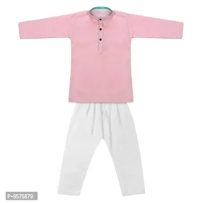 "Superminis Baby Boys Ethnic Wear Khadi Cotton Kurta Pyjama Set with Wooden Button (Baby Pink, 5-6 Years)"-thumb2