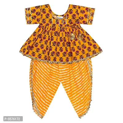Superminis Baby Girls Jaipuri Print Frock Style Kurti With Frill Sleeves And Dhoti Style Salwar With Elastic Closure Ethnic Dress (Yellow, 5-6 Years)
