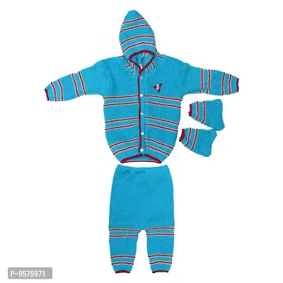 "Superminis Unisex Woolen Knitted Hooded Sweater with Pyjama and Booties Set (6-12 Months, Blue)"