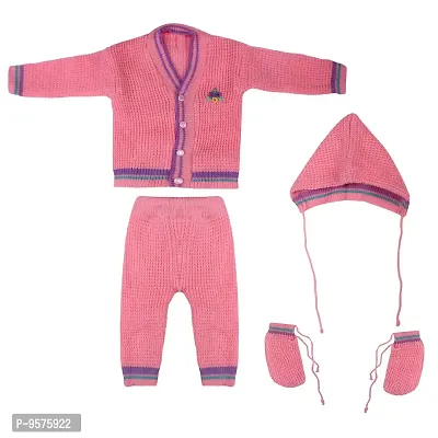 "Superminis Baby Girl and Baby Boy Woollen Sweater with Cap and Booties for 0-6 Months (4pc, Baby Pink)"-thumb0