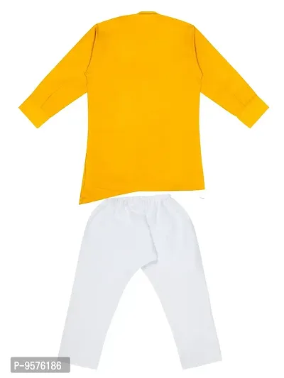 "Superminis Boys Cotton Side Button Open Kurta with Pocket Square Style and Elastic Pyjama Set - Mandrin Collar, Side Slits, Criss Cross Bottom Shaped, Full Sleeves (3-4 Years, Yellow)"-thumb4