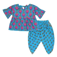 Superminis Baby Girls Jaipuri Lotus Print Kurti Style Kurti with Frill Sleeves and Dhoti Style Salwar with Elastic Closure Ethnic Dress (Blue, 5-6 Years)-thumb1