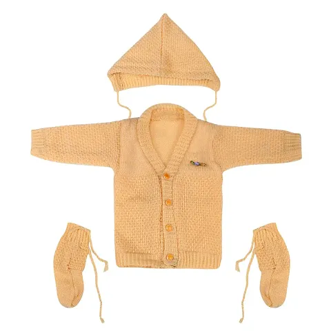 Superminis Baby Girl and Baby Boy Woollen Sweater with Cap and Booties for 0-6 Months (3pc, Yellow)