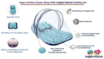 "Superminis Cotton Baby Bedding Set with Pillow and Mosquito Net - Foldable Mattress, Printed, Double Side Zip Closure for New Born (0-3 Months, Sky Blue)"-thumb1