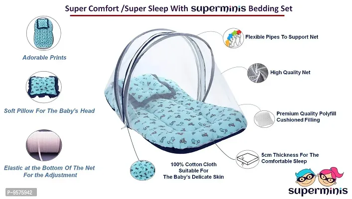 "Superminis Cotton Baby Bedding Set with Pillow and Mosquito Net - Foldable Mattress, Printed, Double Side Zip Closure for New Born (0-3 Months, Sky Blue)"-thumb2