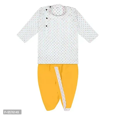 "superminis Boy's Cotton Kurta with Dhoti - Golden Thread Work, Round Collar, Full Sleeves, Side Button Kurta Set for Ethnic Wear (White+Yellow, 3-4 Years)"