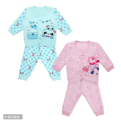 Superminis Baby Boys and Baby Girls Fine Quality Front Open Winter Wear Printed Top and Pyjama with Rib, Pack of 2 Set (3-6 Months, Sky Blue and Pink)