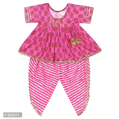 Superminis Baby Girls Jaipuri Print Frock Style Kurti With Frill Sleeves And Dhoti Style Salwar With Elastic Closure Ethnic Dress (Pink Green, 6-12 Months)