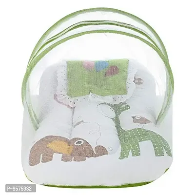 "Superminis Multicolor Digital Print On White Base Design Bedding Set Thick Base, Foldable Mattress, Colorful Pillow and Both Side Zip Closure Mosquito Net (12-18 Months, Green)"