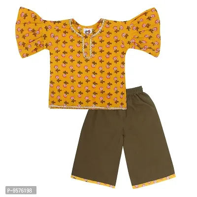 "Superminis Baby Girls Jaipuri Print Kurti Style Kurti with Frill Sleeves and Palazzo with Elastic Closure Ethnic Dress (Yellow, 18-24 Months)"