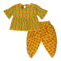 "Superminis Baby Girls Jaipuri Lotus Print Kurti Style Kurti with Frill Sleeves and Dhoti Style Salwar with Elastic Closure Ethnic Dress (Yellow, 5-6 Years)"-thumb1