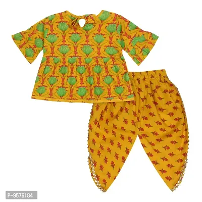 "Superminis Baby Girls Jaipuri Lotus Print Kurti Style Kurti with Frill Sleeves and Dhoti Style Salwar with Elastic Closure Ethnic Dress (Yellow, 5-6 Years)"-thumb2