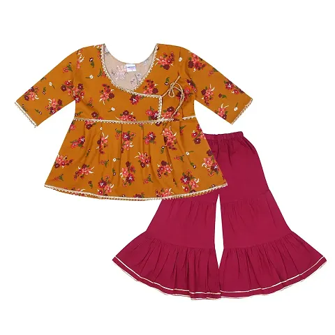 Superminis Baby Girls Jaipuri Angrakha Style Anarkali Kurti with Contrast Color Regular Plain Sharara Dress (Mustard/Maroon, 12-18 Months)