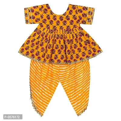 Superminis Baby Girls Jaipuri Print Frock Style Kurti With Frill Sleeves And Dhoti Style Salwar With Elastic Closure Ethnic Dress (Yellow, 5-6 Years)-thumb2