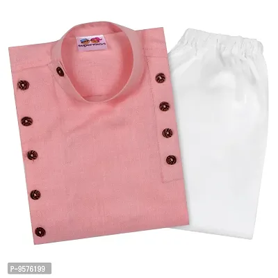 "Superminis Boys Cotton Side Button Open Kurta with Elastic Pyjama Set - Mandrin Collar, Multi Slit, Asymmetric Hem, Full Sleeves, Side Button Embellish (6-12 Months, Pink)"-thumb0