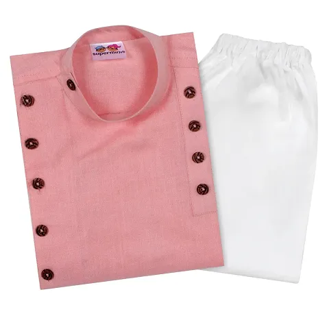 "Superminis Boys Cotton Side Button Open Kurta with Elastic Pyjama Set - Mandrin Collar, Multi Slit, Asymmetric Hem, Full Sleeves, Side Button Embellish"