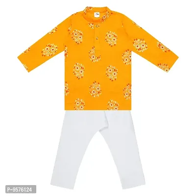 Superminis Baby Boys Cotton Ethnic Wear Gold Foil Printed Kurta with Elastic White Pyjama (Yellow, 2-3 Years)-thumb2