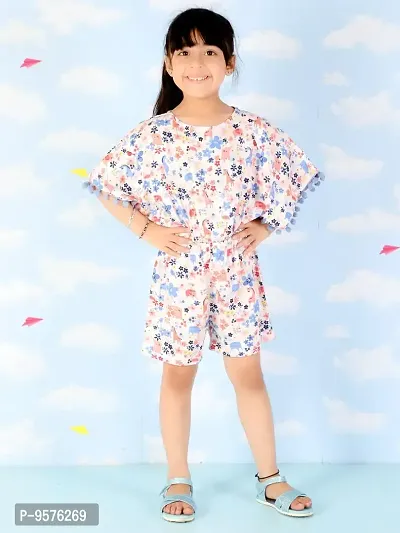 "Superminis Girls Floral Print Cotton Rayon Kaftan Style Playsuit/Jumpsuit with Pom Pom (Sky, 18-24 Months)"-thumb4