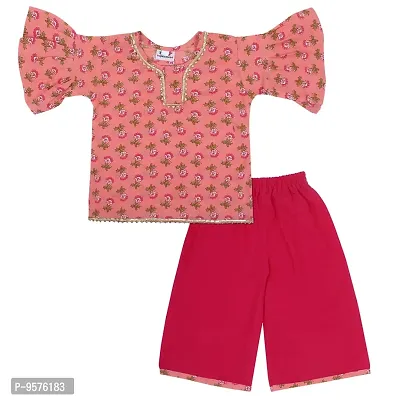 "Superminis Baby Girls Jaipuri Print Kurti Style Kurti with Frill Sleeves and Palazzo with Elastic Closure Ethnic Dress (Pink, 2-3 Years)"-thumb0