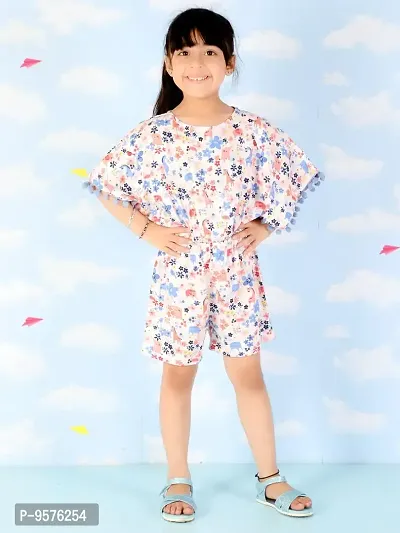 Superminis Girls Floral Print Cotton Rayon Kaftan Style Playsuit/Jumpsuit with Pom Pom (Sky, 7-8 Years)-thumb3