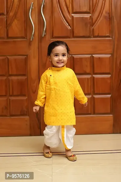 superminis Boy's Cotton Kurta with Dhoti - Golden Thread Work, Round Collar, Full Sleeves, Side Button Kurta Set for Ethnic Wear (Yellow+White, 6-12 Months)-thumb3