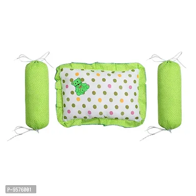 "Superminis Cotton Baby Head Pillow with 2 Bolster/Round Side Pillows - Embroidered, Dot Printed for New Born (0-12 Months, Green)"