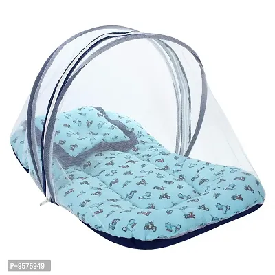 Superminis Cotton Baby Bedding Set with Pillow and Mosquito Net - Foldable Mattress, Printed, Double Side Zip Closure for New Born (12-18 Months, Sky Blue)-thumb3